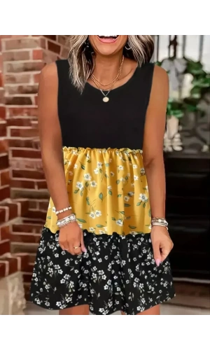 Kadın Askılı Yuvarlak Yaka çiçek Baskılı Salaş Süprem Elbise