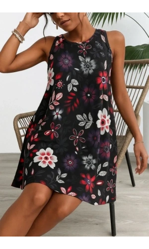 Kadın Askılı Yuvarlak Yaka Desenli A Kesim Süprem Elbise