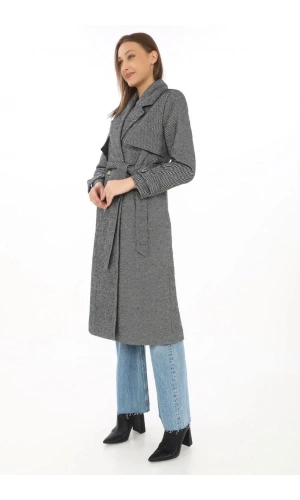 Kadın Balık Sırtı Kaşmir Uzun Kaşe Kaban - Boyalı Gri