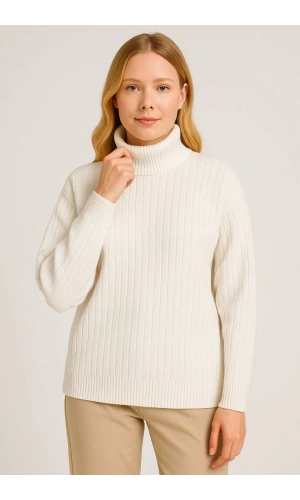 Kadın Balıkcı Yaka Bağazlı Triko Kazak Pamuklu Kalın Fitilli Dokuma - Beyaz