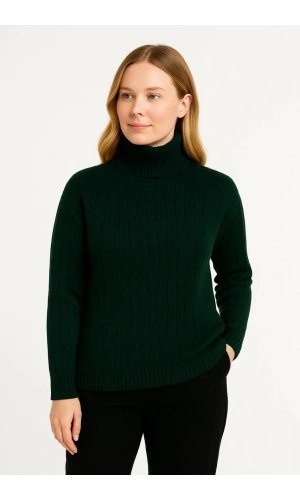 Kadın Balıkcı Yaka Bağazlı Triko Kazak Pamuklu Kalın Fitilli Dokuma - Haki