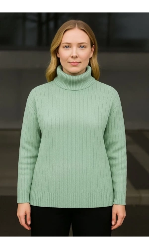 Kadın Balıkcı Yaka Bağazlı Triko Kazak Pamuklu Kalın Fitilli Dokuma - Mint Yeşili