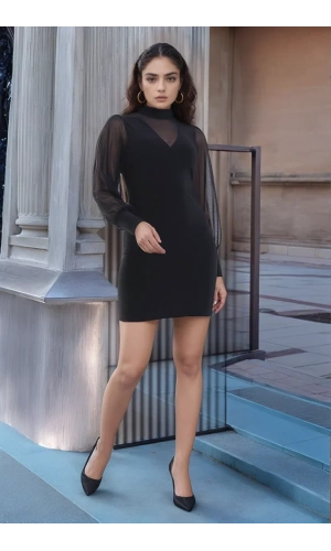 Kadın Balıkçı Yaka Transparan Detay Fırsat ürün Sandy Kumaş Mini Elbise