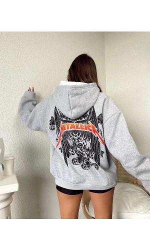 Kadın Baskılı Kapüşonlu Sweat - Gri