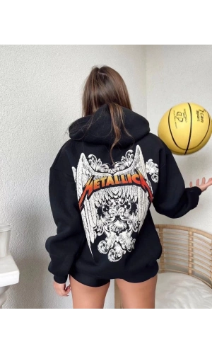 Kadın Baskılı Kapüşonlu Sweat - Siyah