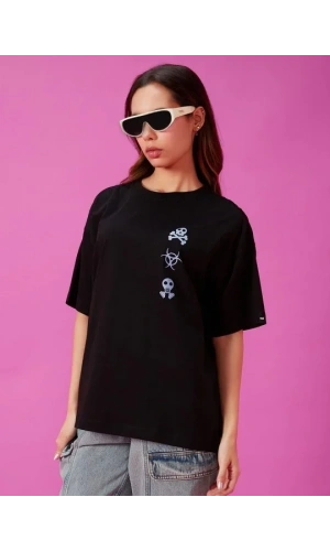 Kadın Baskılı Oversize T-shirt - Siyah