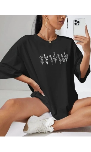 Kadın Baskılı Oversize T-shirt - Siyah
