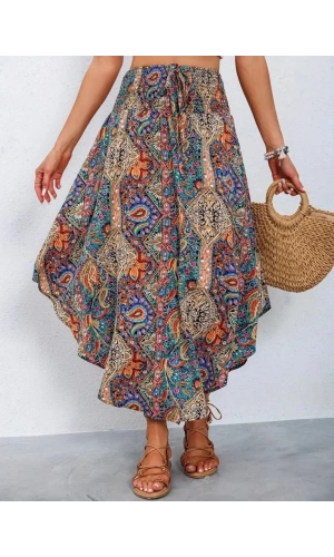 Kadın Beli Lastikli Bağcıklı Asimetrik Kesim Detaylı Desenli Bürümcük Etek
