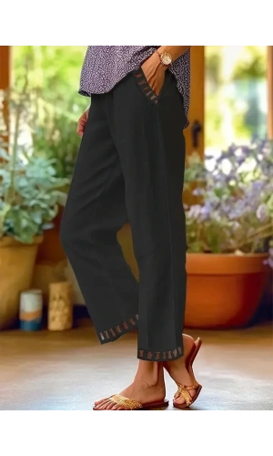 Kadın Beli Lastikli Bağcıklı Cep Ve Pantolon Ucu Güpür Detaylı Pantolon