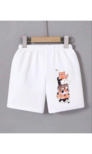 Kadın Beli Lastikli Baskılı Mini Şort - Beyaz