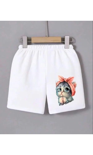 Kadın Beli Lastikli Baskılı Mini Şort - Beyaz