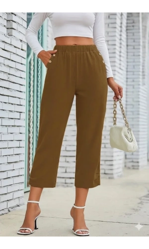 Kadın Beli Lastikli Düğme Ve Cep Detaylı Kapri Ithal Keten Pantolon
