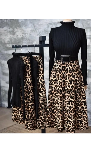 Kadın Beli Lastikli Leopar Desenli Krep Kumaş Efsane Etek Kemersiz