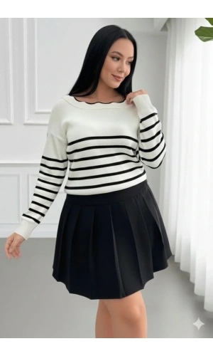 Kadın Beyaz Sırt Bağlama Detaylı çizgi Desen Triko Bluz