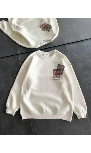 Kadın Bisiklet Yaka Baskılı SweatShirt - Beyaz