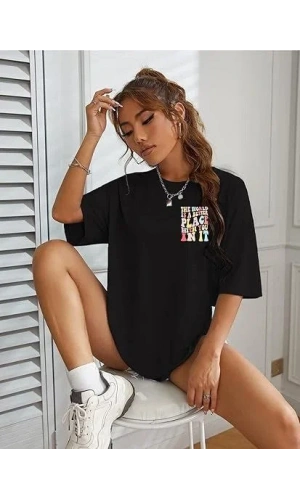 Kadın Bisiklet Yaka Baskılı T-shirt - Siyah