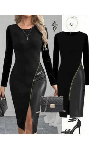 Kadın Bisiklet Yaka Uzun Kollu Deri Ve Fermuar Detay Mini Yırtmaçlı Elbise