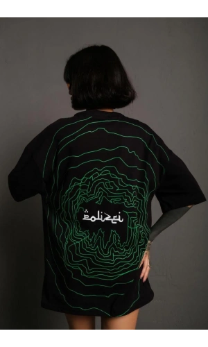 Kadın Bisiklet Yakalı Sırt Baskılı Oversize T-Shirt - Siyah