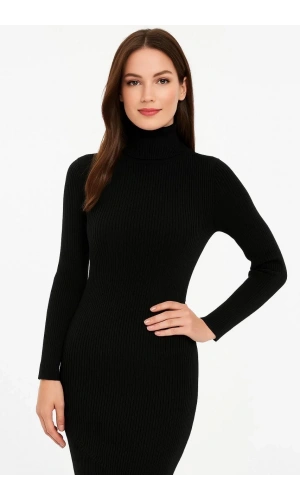 Kadın Boğazlı Triko Elbise – Uzun Fitilli Esnek Dokuma, Tam Kalıp, Kışlık & Baharlık Şık Rahat Stil, 130 cm Midi Boy Elbise - Siyah