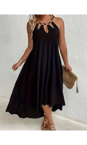 Kadın Boyundan Askılı Damla Detaylı Halkalı Asimetrik Kesim Viskon Elbise