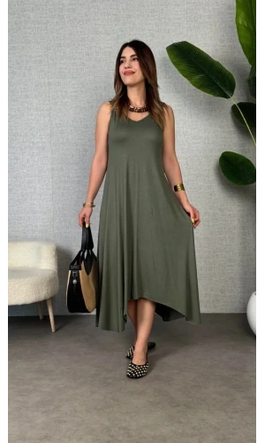 Kadın çan Dokuma Kumaş V Yaka Asimetrik Kesim Elbise