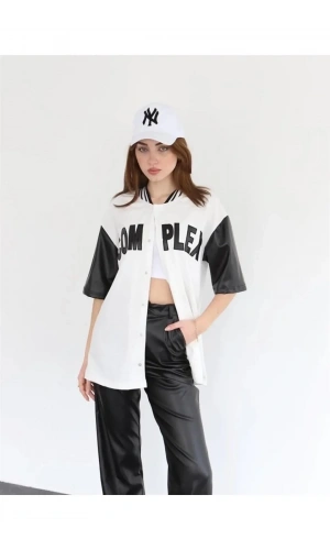 Kadın Complex Kolları Deri Kolej Oversize T-shirt - Beyaz
