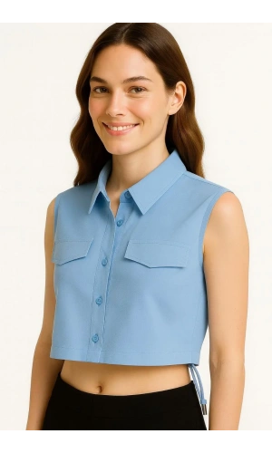 Kadın Crop Poplin Gömlek Yalancı Cepli, Ayarlanabilir Yan Kordonlu, - Bebe Mavisi