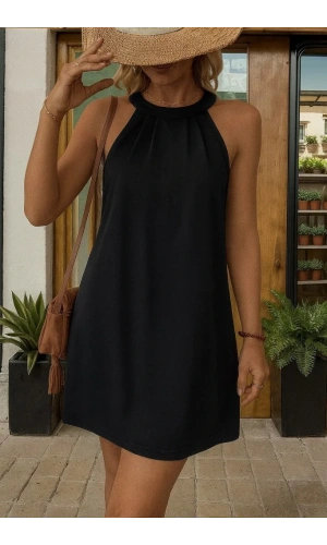 Kadın Daire Yakalı Omuzlardan Açık Sırt Dantel Detaylı Janjan Krep Elbise