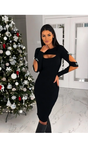 Kadın Dekolte Detaylı Scuba Dalgıç Kumaş Taş Aksesuarli Elbise