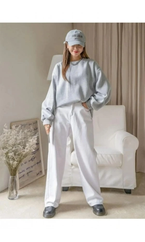 Kadın Düz Bisiklet Yaka Sweat - Gri