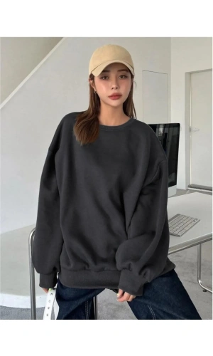 Kadın Düz Bisiklet Yaka Sweat - Siyah