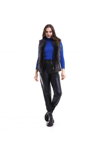 Kadın Fermuarlı Koyun Derisi Tilki Kürkü - Siyah