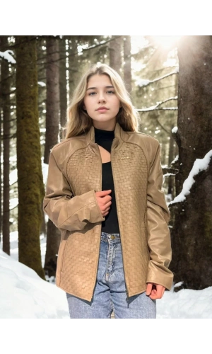 Kadın Fileli Deri Ceket - Krem