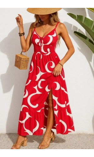 Kadın Ip Askılı Dekolteli Bağcıklı Yırtmaçlı Desenli Süprem Elbise