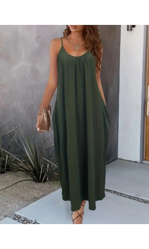 Kadın Ip Askılı Geniş V Yakalı Viskon Elbise