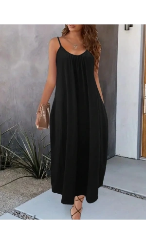 Kadın Ip Askılı Geniş V Yakalı Viskon Elbise