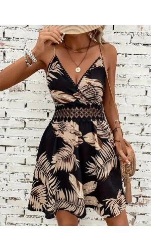 Kadın Ip Askılı Kruvaze Yakalı Desenli Mini Süprem Mini Elbise