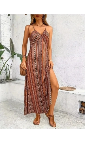 Kadın Ip Askılı Sırttan çapraz Detaylı Yırtmaçlı Desenli Süprem Elbise