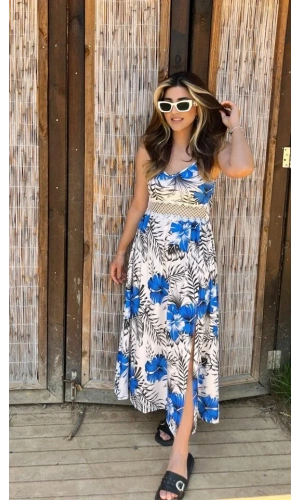 Kadın Ip Askılı V Yakalı Bel Güpür çiçek Desenli Yandan Yırtmaçlı Maksi Süprem Elbise