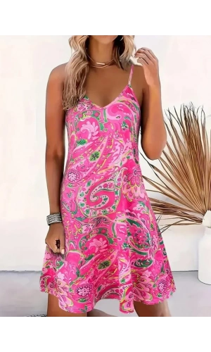 Kadın Ip Askılı V Yakalı Desenli Kısa Süprem Mini Elbise