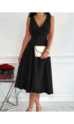 Kadın Ithal Krep Kumaş Kruvaze Yaka Eteği Kloş Kolsuz Mini Elbise