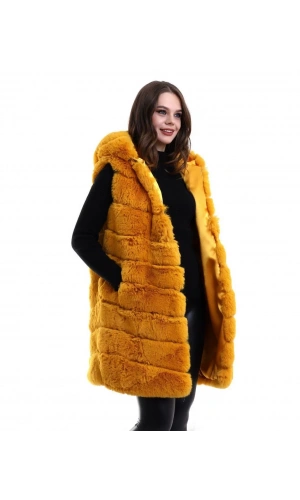Kadın Kapşonlu Peluş Kürk Yelek Premium Kalite, Tam Astarlı, Uzun Model - Sarı