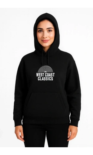 Kadın Kapşonlu Sweatshirt – Oversize Üç İplik Şardonlu Hoodie, “West Coast Classics” Ön & Arka Baskılı, Kanguru Cepli Kışlık Günlük Stil - Siyah