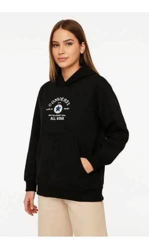 Kadın Kapşonlu Sweatshirt – Üç İplik Şardonlu Kumaş, Oversize Fit, Ön & Arka Baskılı, Kanguru Cepli, Kışlık Rahat Hoodie- Siyah