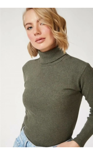 Kadın Kaşkorse Boğazlı Full Likralı Fitilli Body Kazak - Haki