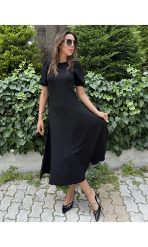 Kadın Kısa Balon Kollu Bisiklet Yaka Geniş Kesim Janjan Krep Elbise