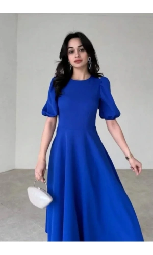 Kadın Kısa Balon Kollu Bisiklet Yaka Geniş Kesim Janjan Krep Elbise