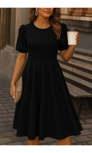 Kadın Kısa Balon Kollu Bisiklet Yaka Geniş Kesim Janjan Krep Elbise