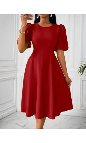 Kadın Kısa Balon Kollu Bisiklet Yaka Kiloş Janjan Krep Elbise