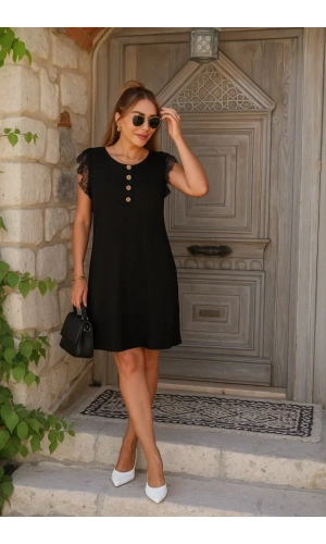 Kadın Kısa Dantel Kollu önden Düğmeli Viskon Elbise